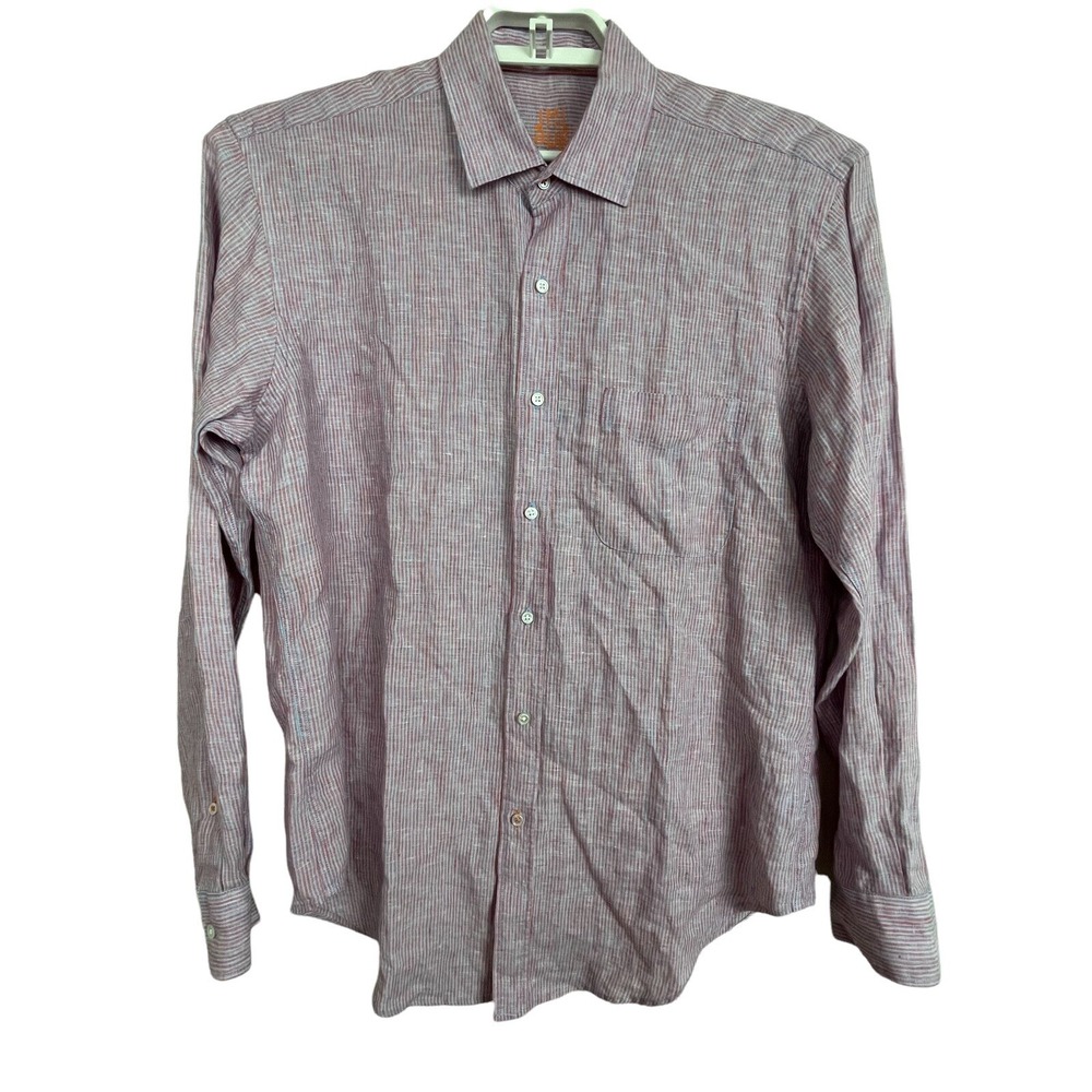 J.McLaughlin Linen Shirt Mens M Red Blue Stripe Long Sleeve Button Up Coastal